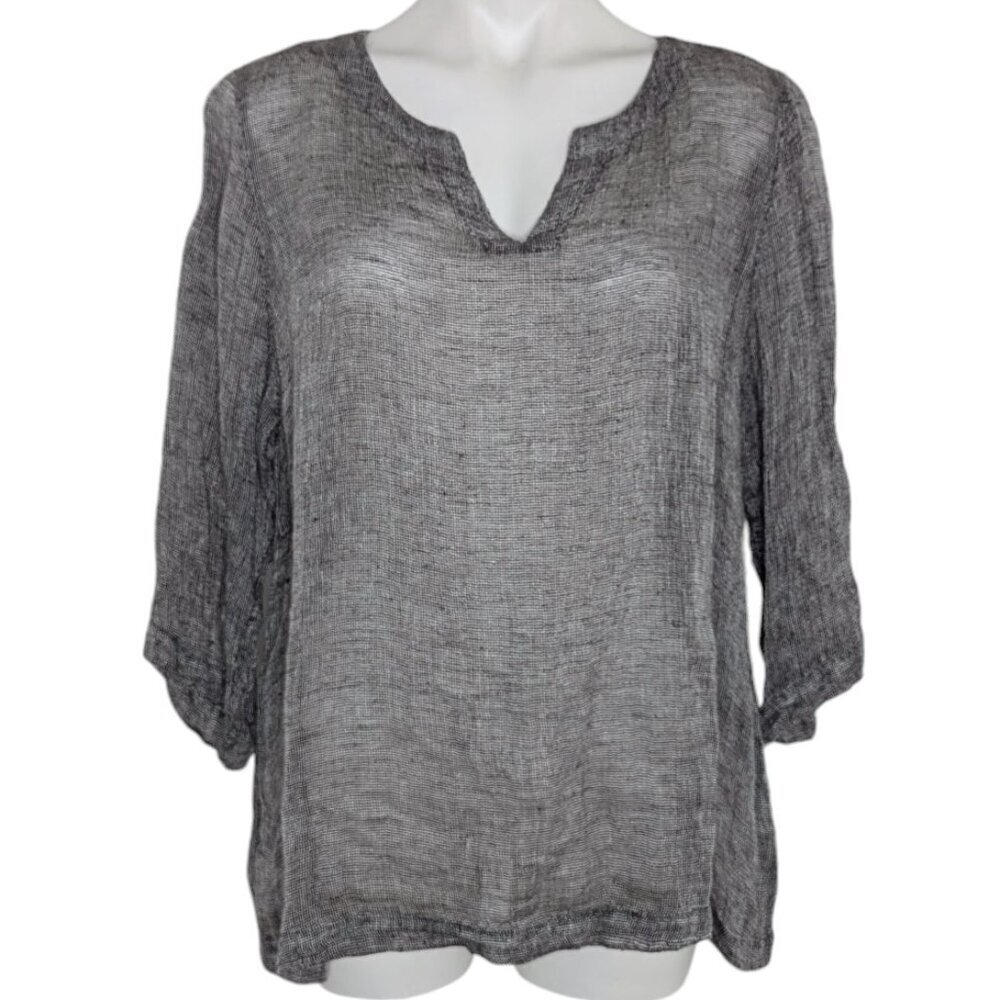 PureJill J. Jill Gray Split Neck Linen Gauze Lagenlook Three Quarter Sleeve Top